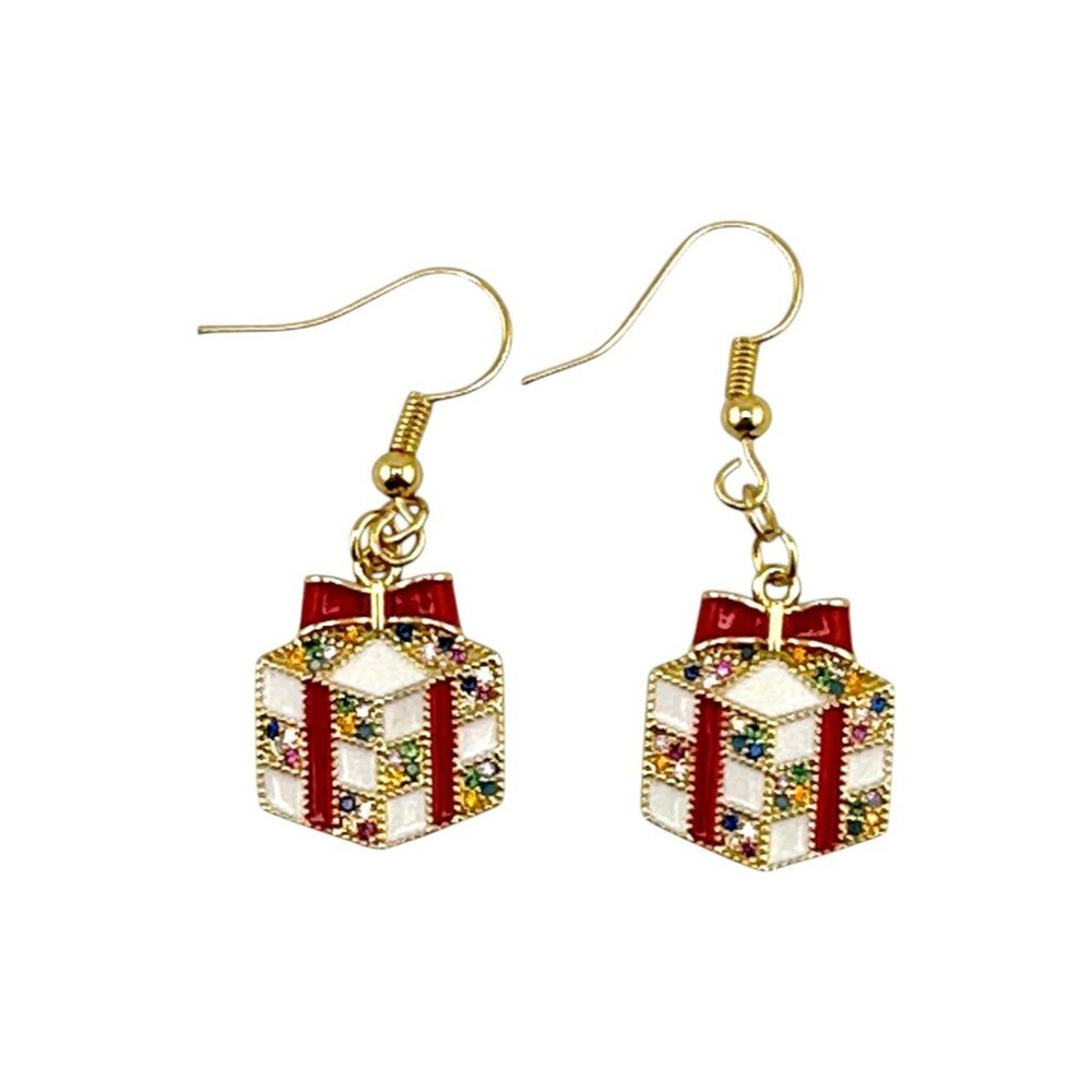 18K Gold Filled Gift Box Earrings Enamel CZ Micro Pave Holiday Dangle